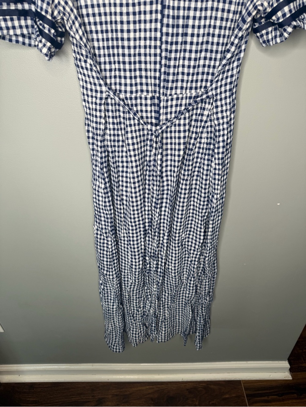 J.S. Edward Vintage 90s Navy Gingham Prairie Rosette Collar Midi Dress - Picture 10 of 12